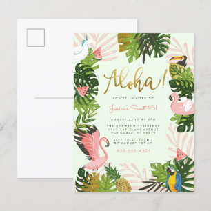 Postal De Invitación Verde Aloha Hawaii Tropical Gold Birday Party