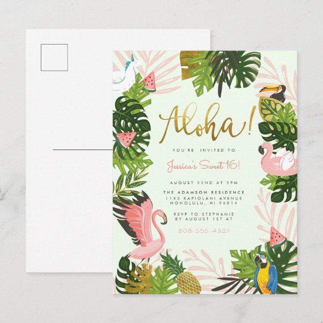 Postal De Invitación Verde | Aloha Hawaii Tropical Gold Birday Party (Anverso / Reverso)