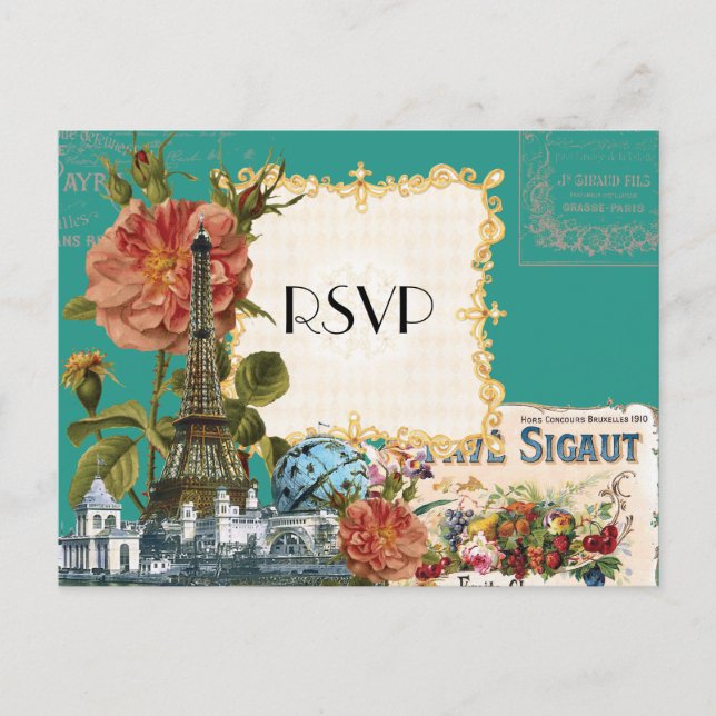 Postal De Invitación Verde azulado Rosa de la Torre Eiffel Vintage Guar (Anverso)