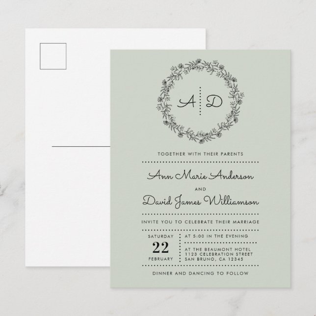 Postal De Invitación Verde | Boda de guirnaldas florales en el país (Anverso / Reverso)