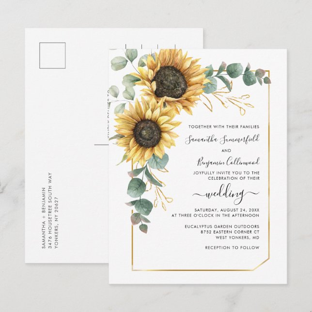 Postal De Invitación Verde de girasol Botánico Geométrico (Anverso / Reverso)