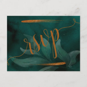 Postal De Invitación verde esmeralda moderno y hojas RSVP rsvp Postcard