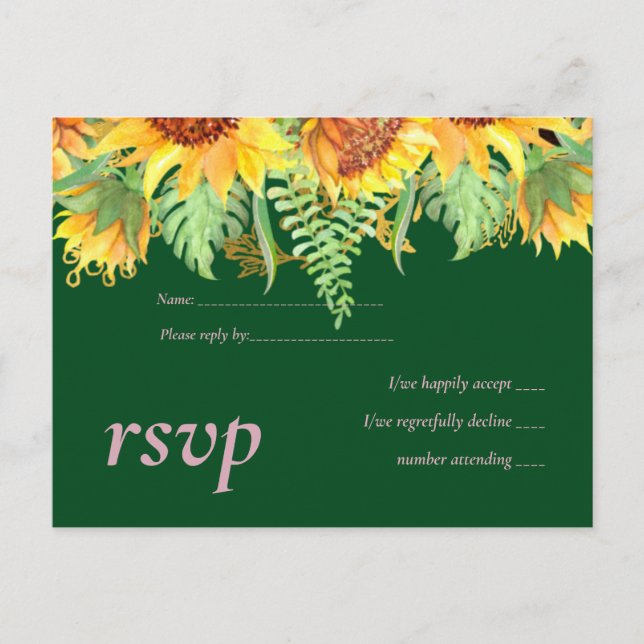 Postal De Invitación Verde Rústico con presupuesto Boda de girasoles (Anverso)