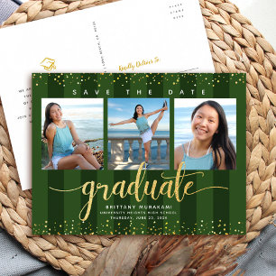 Postal De Invitación Verde salva la fecha de graduación foto purpurina 