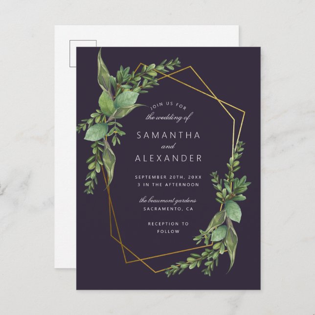 Postal De Invitación Verdor botánico Boda Geométrico Purple & Gold (Anverso / Reverso)