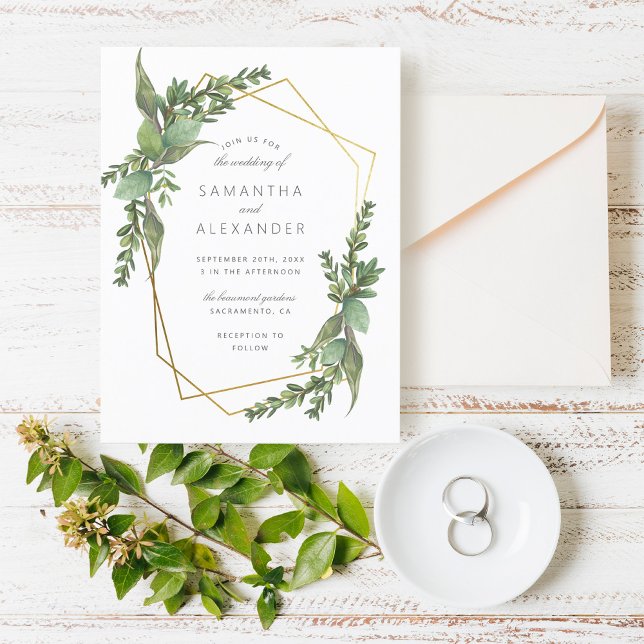 Postal De Invitación Verdor botánico y Boda geométrico de oro (Subido por el creador)