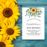 Postal De Invitación Verdor de eucalipto de girasol de cumpleaños<br><div class="desc">Para una fiesta de cumpleaños número 40 (o cualquier edad). Un fondo blanco decorado con girasoles acuáticos y vegetación eucaliptica. Personalice y agregue su nombre y detalles del fiesta.</div>