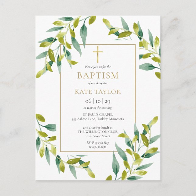 Postal De Invitación Verdor Foliage Baptism Christening (Anverso)