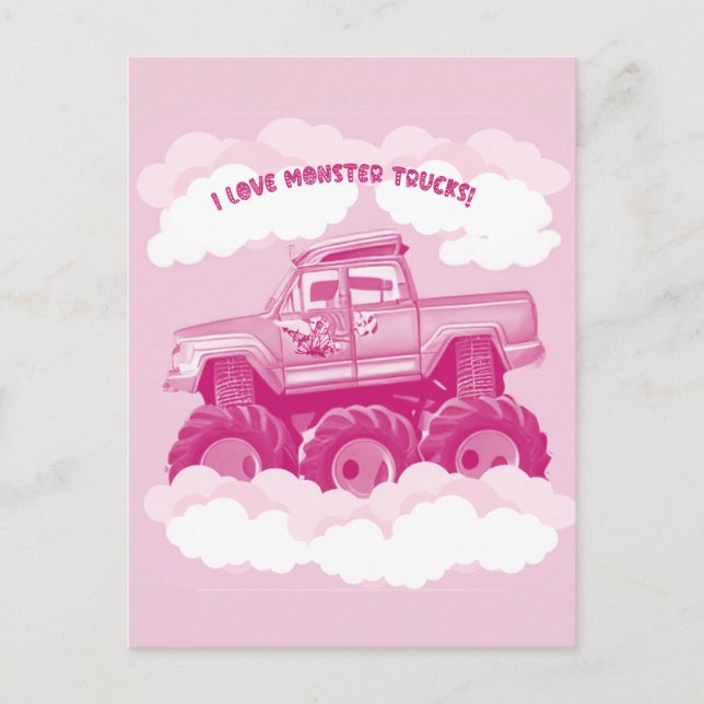 Postal De Invitación Versión rosa Me Encanta Monster Trucks Imagen (Anverso)