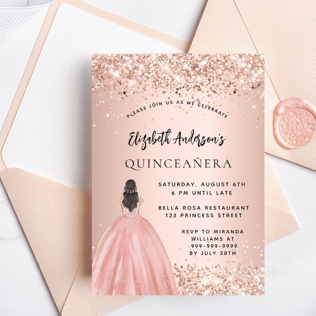Postal De Invitación Vestido rosa de purpurina de oro de Quinceanera (Subido por el creador)