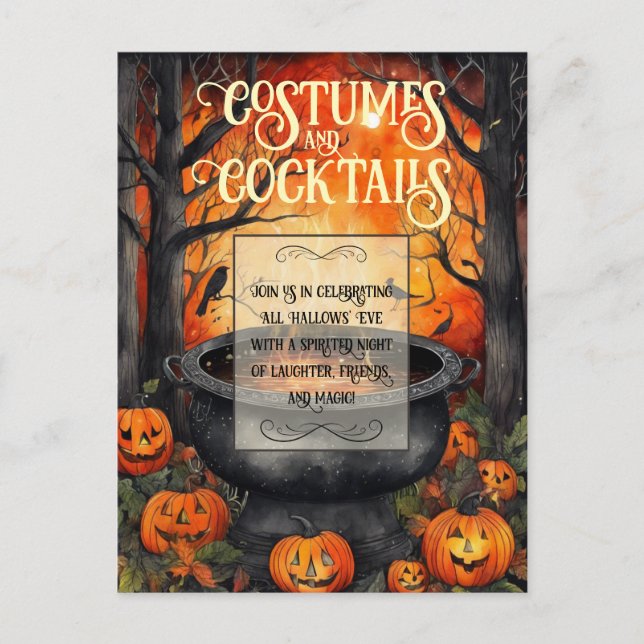 Postal De Invitación Vestidos y cócteles Halloween Fiesta acuarela (Anverso)
