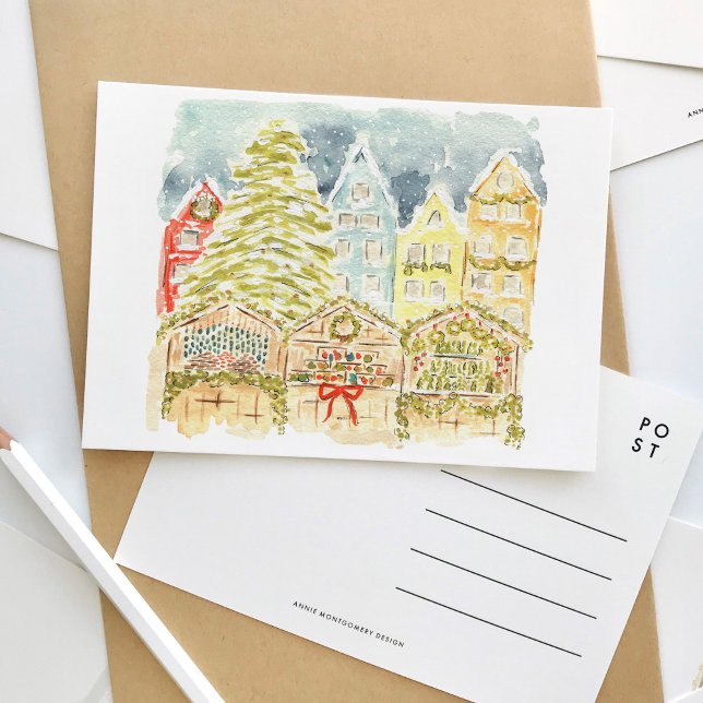 Postal De Invitación Viajes acuáticos en el mercado de Navidades aleman (German Christmas market winter scene watercolor postcard.)