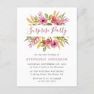 Postal De Invitación Vibrante acuarela Floral Sorpresa fiesta de cumple