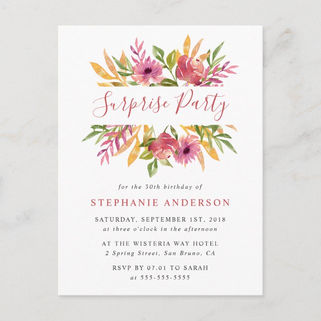 Postal De Invitación Vibrante acuarela Floral Sorpresa fiesta de cumple (Anverso)