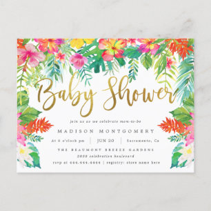 Postal De Invitación Vibrante Tropical Hibiscus Foliage Gold Baby Showe