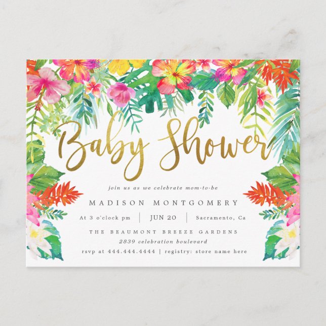 Postal De Invitación Vibrante Tropical Hibiscus Foliage Gold Baby Showe (Anverso)