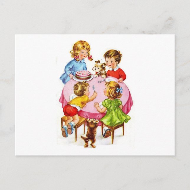 Postal De Invitación Viñeta Retro Niños Fiesta de Cumpleaños Gatito Kit (Anverso)