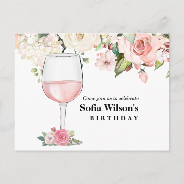 Postal De Invitación vino, cumpleaños adulto, boda, floral (Anverso)