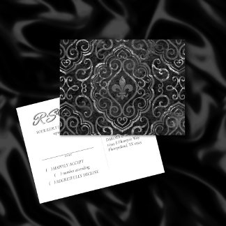 Postal De Invitación Vintage Fleur de Lis | Damasco negro plateado