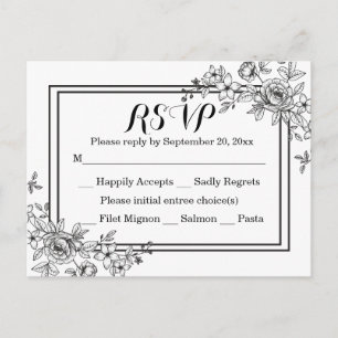 Postal De Invitación Vintage Floral RSVP Partido de la Boda Blanca y Ne