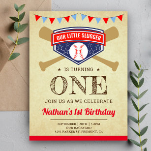 Postal De Invitación Vintage Sports Baseball Primer Fiesta de Cumpleaño