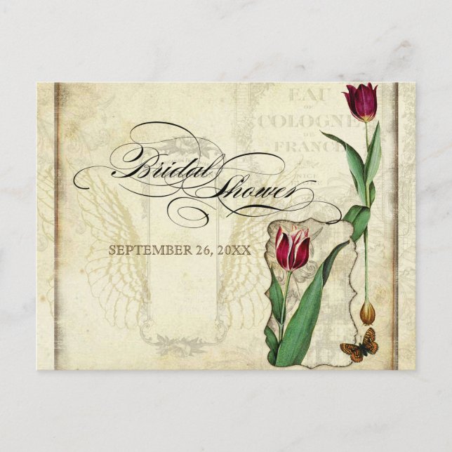 Postal De Invitación Vintage Tulips Angel Wings Swirl Tea Manchado Rojo (Anverso)