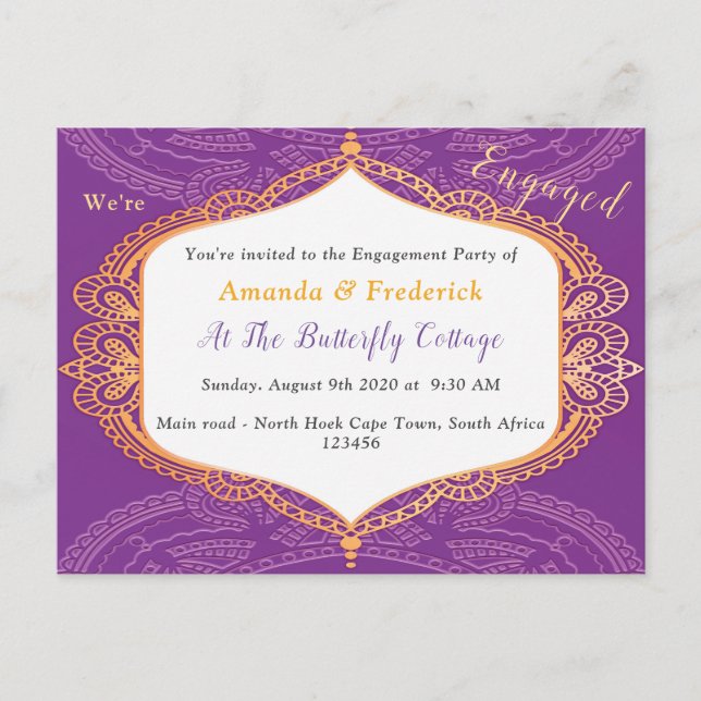 Postal De Invitación Violet con Mandalas doradas (Anverso)