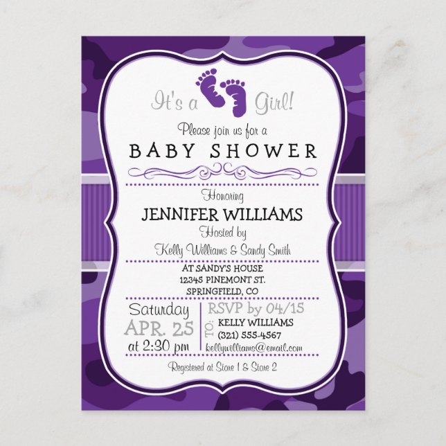 Postal De Invitación Violet Purple Camo, Camouflage Baby Shower (Anverso)
