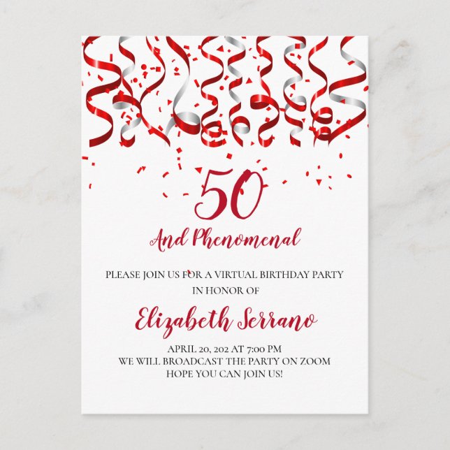 Postal De Invitación Virtual 50 Birthday Party Red Streamers (Anverso)