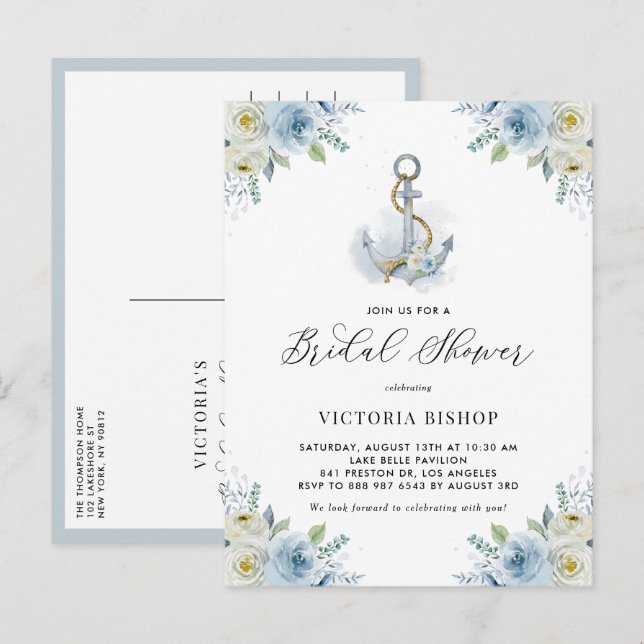 Postal De Invitación Watercolor Anchor and Blue Flowers Bridal Shower (Anverso / Reverso)
