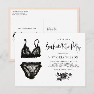 Postal De Invitación Watercolor Black Lace Lingerie Bachelorette Party