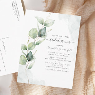 Postal De Invitación Watercolor Bridal Shower Eucalyptus Script Floral
