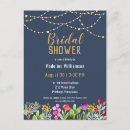 Postal De Invitación Watercolor Floral Gold String Luces Brillantes Sho