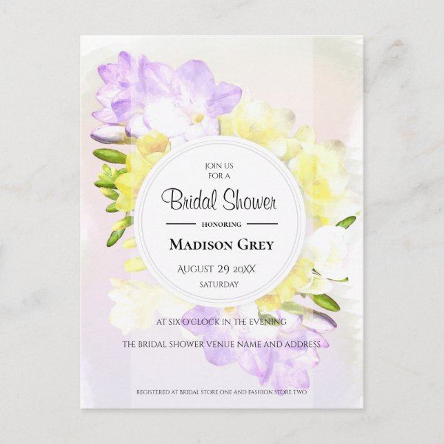 Postal De Invitación Watercolor Freesia Flowers Bridal Shower (Anverso)