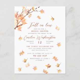 Postal De Invitación Watercolor Leaves "Fall In Love" Bridal Shower