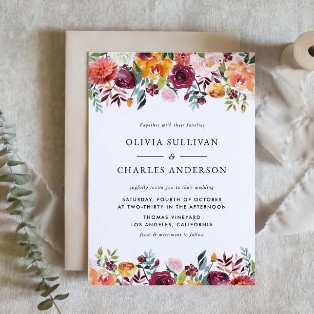 Postal De Invitación Watercolor Otoño Blooms Boda Caída Botánica (Watercolor Autumn Blooms Botanical Fall Wedding Invitation Postcard)