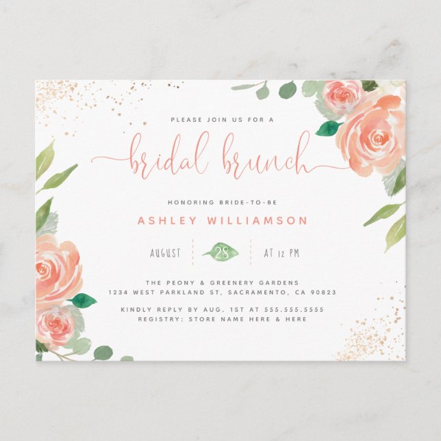 Postal De Invitación Watercolor Peonies Eucalyptus Bridal Shower Brunch (Anverso)