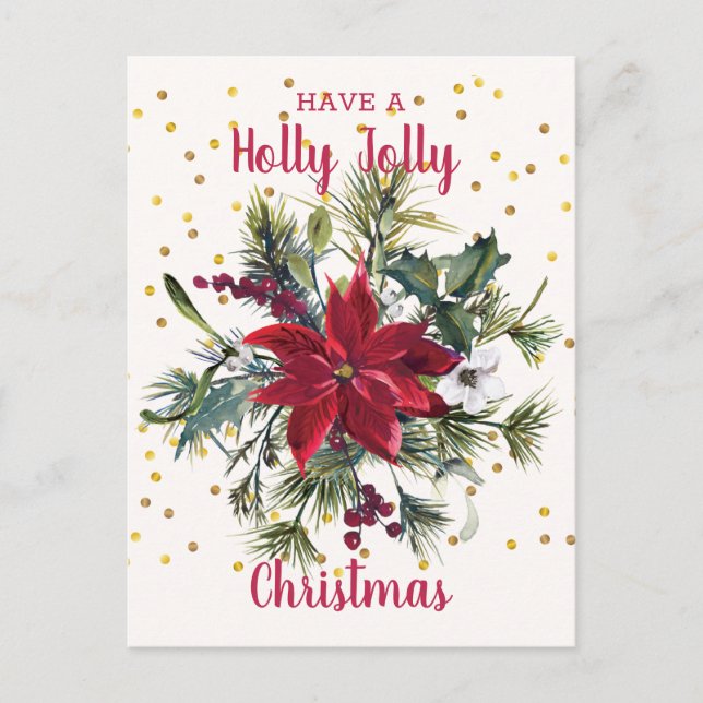 Postal De Invitación Watercolor Poinsettia, holly, Fiesta de Navidades  (Anverso)