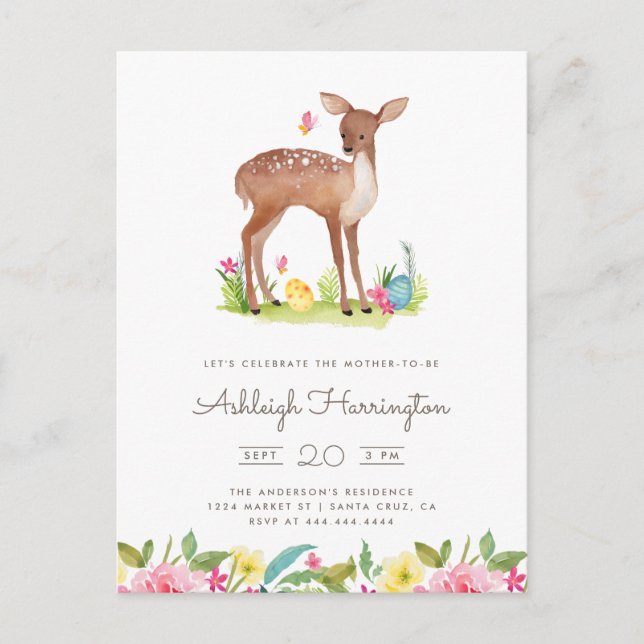 Postal De Invitación Watercolor Spring Meadow Flores Deer Baby Shower (Anverso)