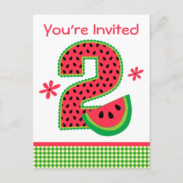 Postal De Invitación Watermelon 2 cumpleaños Gingham (Anverso)