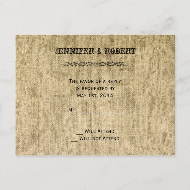 Postal De Invitación Western Burlap Wedding RSVP (Anverso)