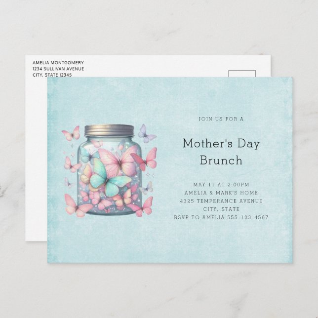Postal De Invitación Whimsical Butterflies in a Jar Mother's Day Brunch (Anverso / Reverso)