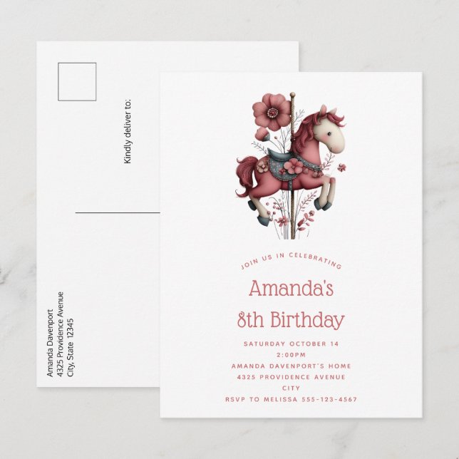 Postal De Invitación Whimsical Carousel Horse Image Birthday (Anverso / Reverso)