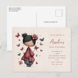 Postal De Invitación Whimsical Fairy Doll Retro Cute Birthday