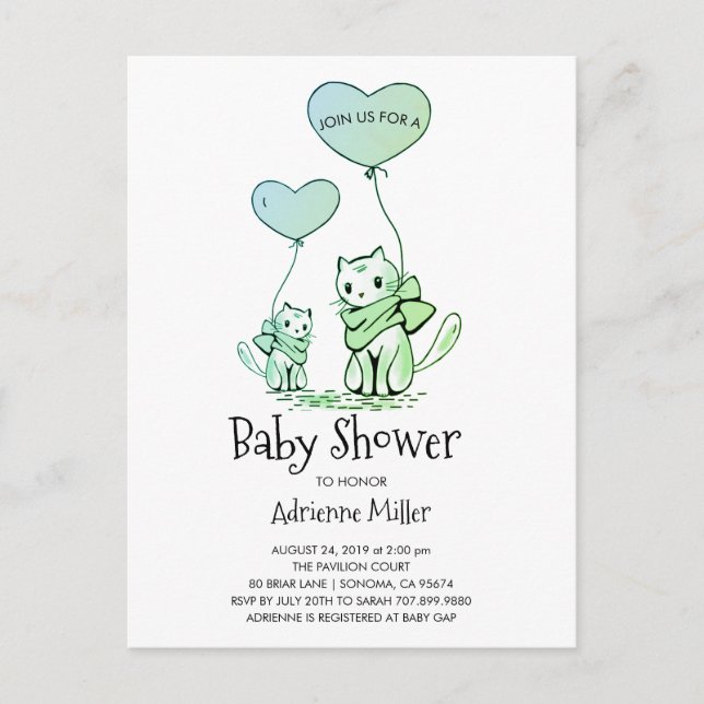 Postal De Invitación Whimsical Kittens y Balloons Boy Baby Shower (Anverso)