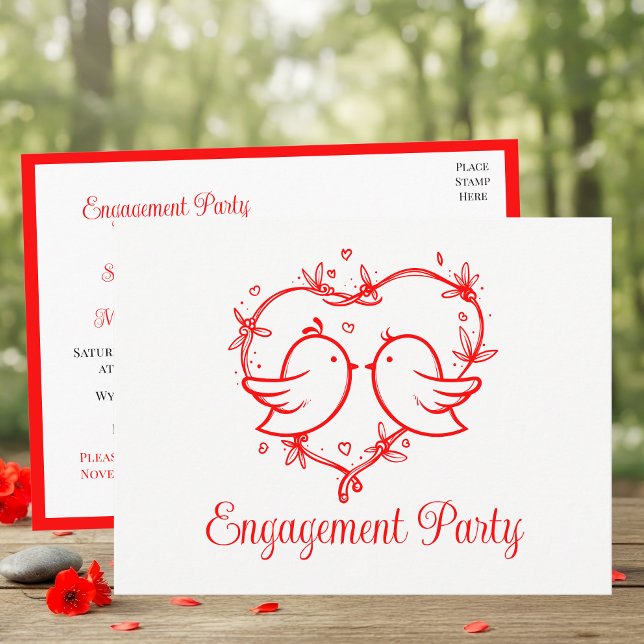 Postal De Invitación Whimsical Lovebirds Boho Red Heart Bridal Shower (Subido por el creador)