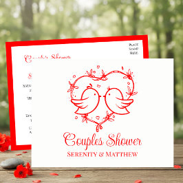 Postal De Invitación Whimsical Lovebirds Boho Red Heart Couples Shower
