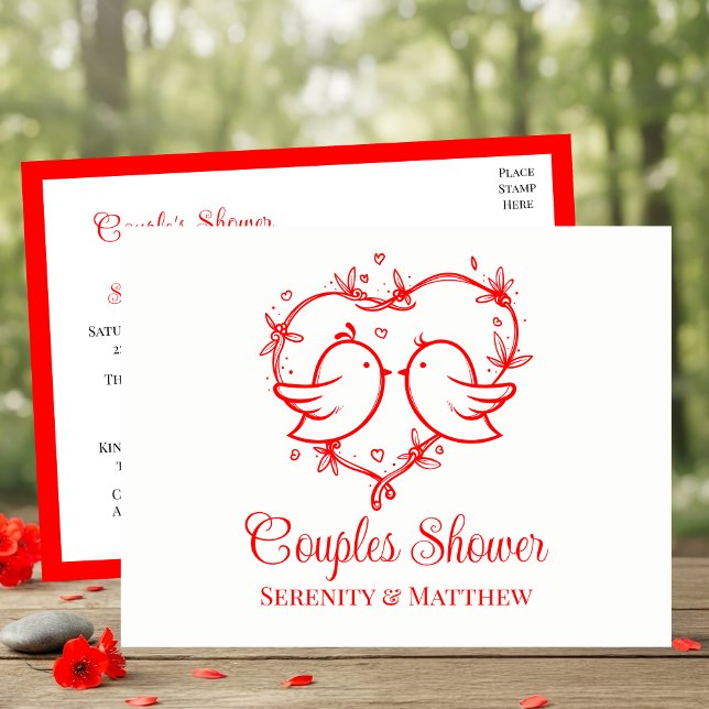 Postal De Invitación Whimsical Lovebirds Boho Red Heart Couples Shower (Subido por el creador)