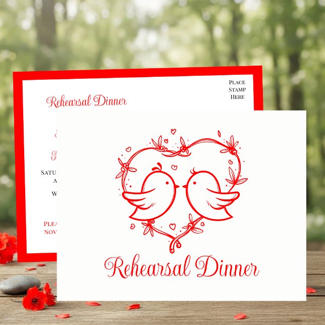 Postal De Invitación Whimsical Lovebirds Boho Red Love Heart Rehearsal  (Subido por el creador)