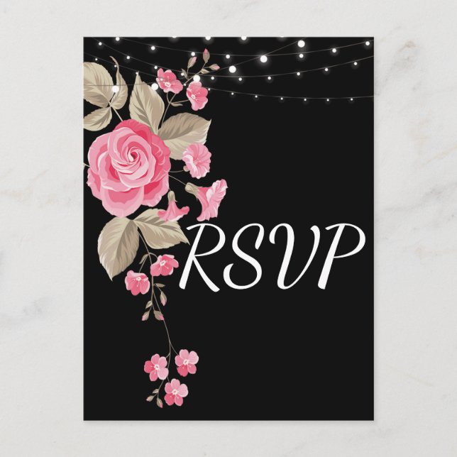 Postal De Invitación Whimsical String Lights Black RSVP (Anverso)